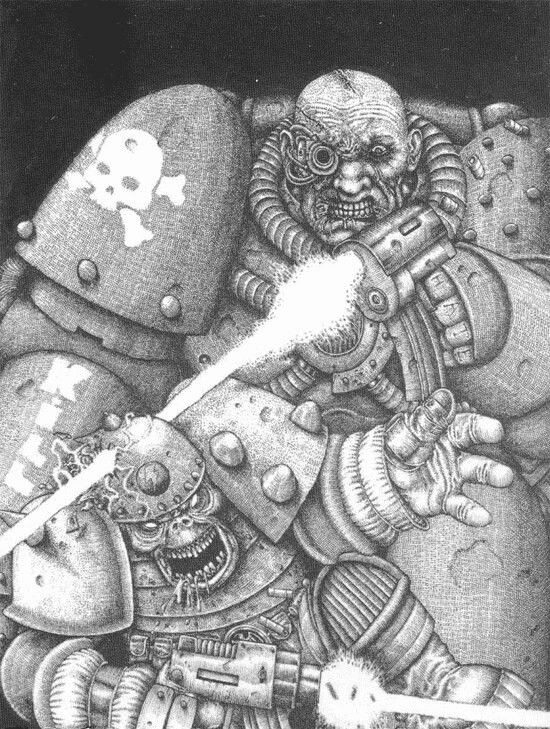 A space marine blowing an orks head off.